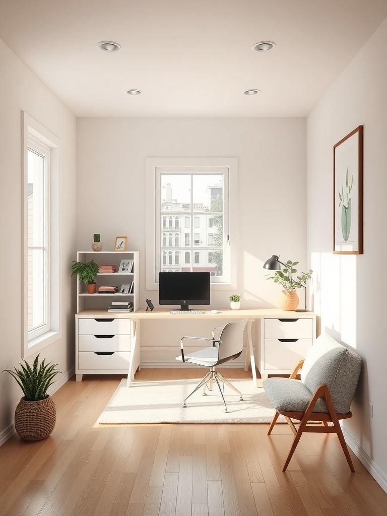 A minimalist home office with a desk, chair, and plants, showcasing a clean and organized workspace.