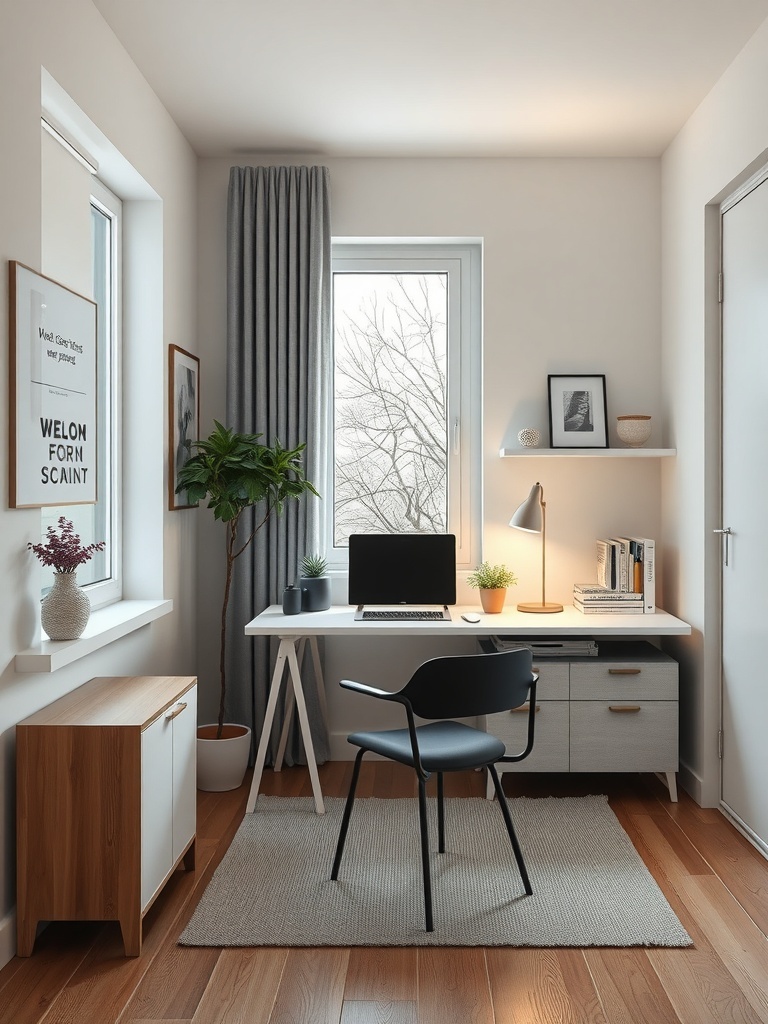 A minimalist workspace setup featuring a desk, chair, and plants in a bright room.