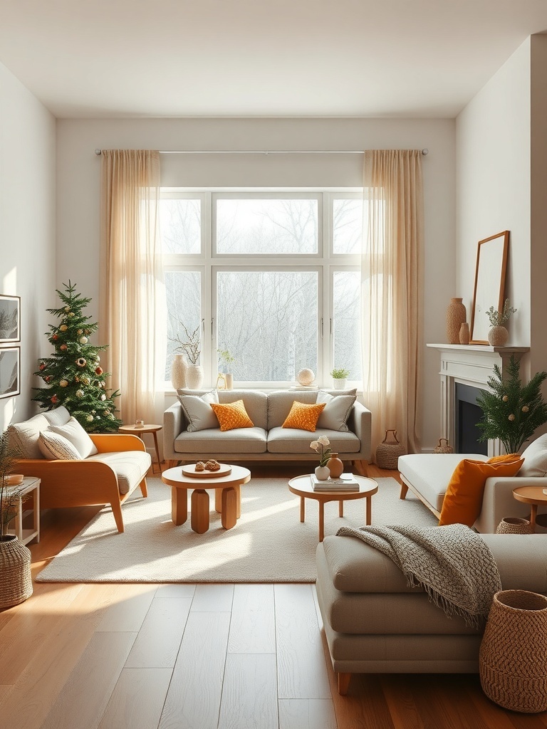 A cozy living room featuring minimalist furniture with a light color palette and natural elements.
