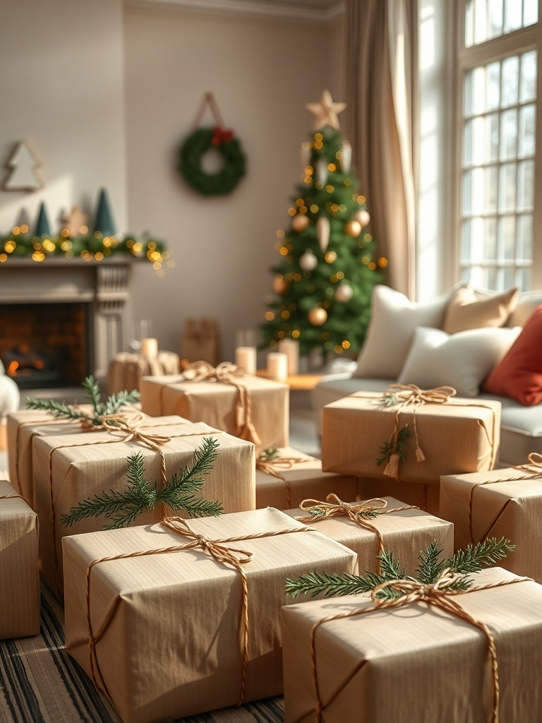 A cozy living room with neatly wrapped gifts in brown kraft paper, adorned with greenery, and a Christmas tree in the background.