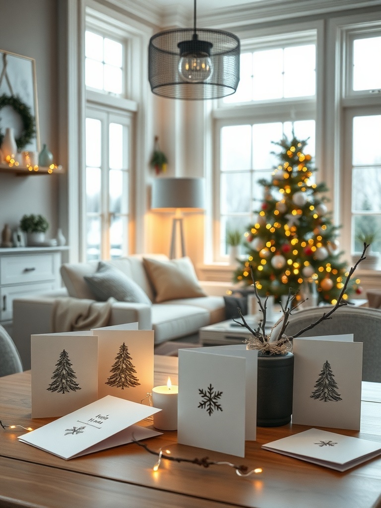 A cozy living room with minimalist holiday greeting cards featuring trees and snowflakes on a wooden table, surrounded by warm lights and a Christmas tree.