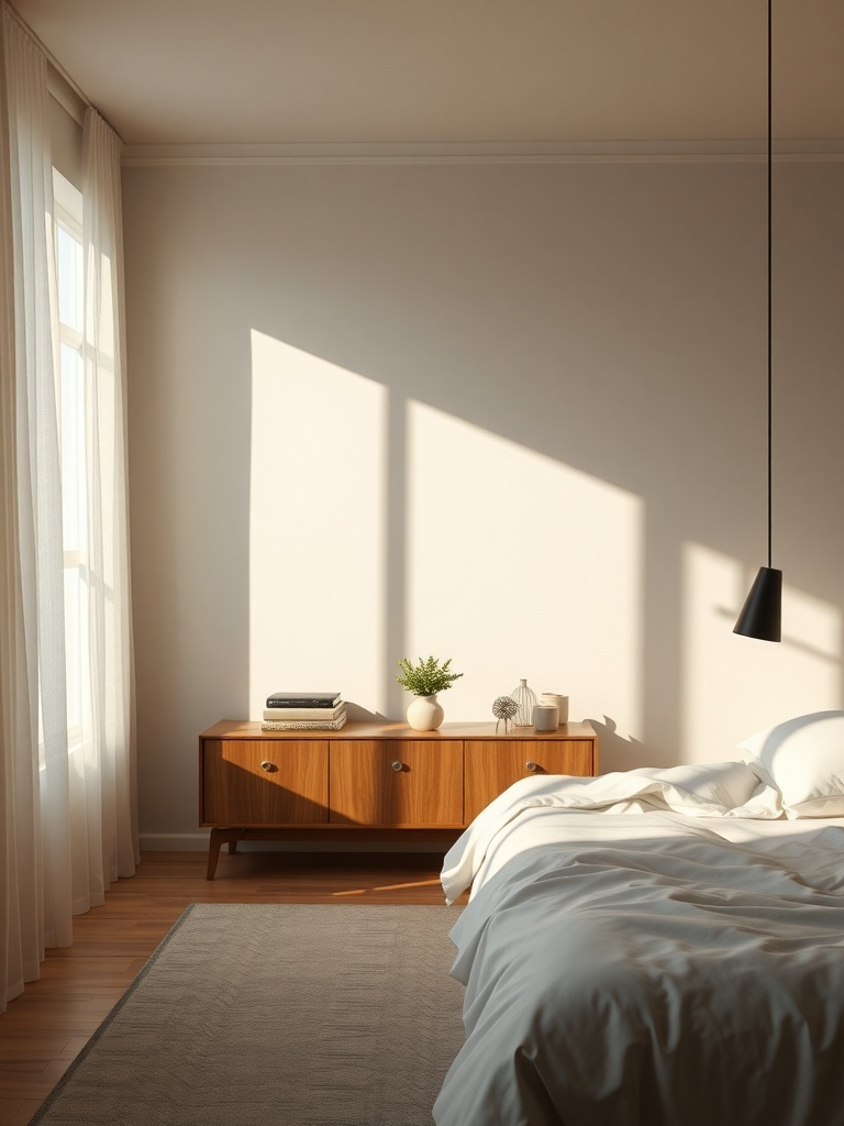 A minimalist bedroom featuring a pendant light, a wooden dresser, and soft natural light.