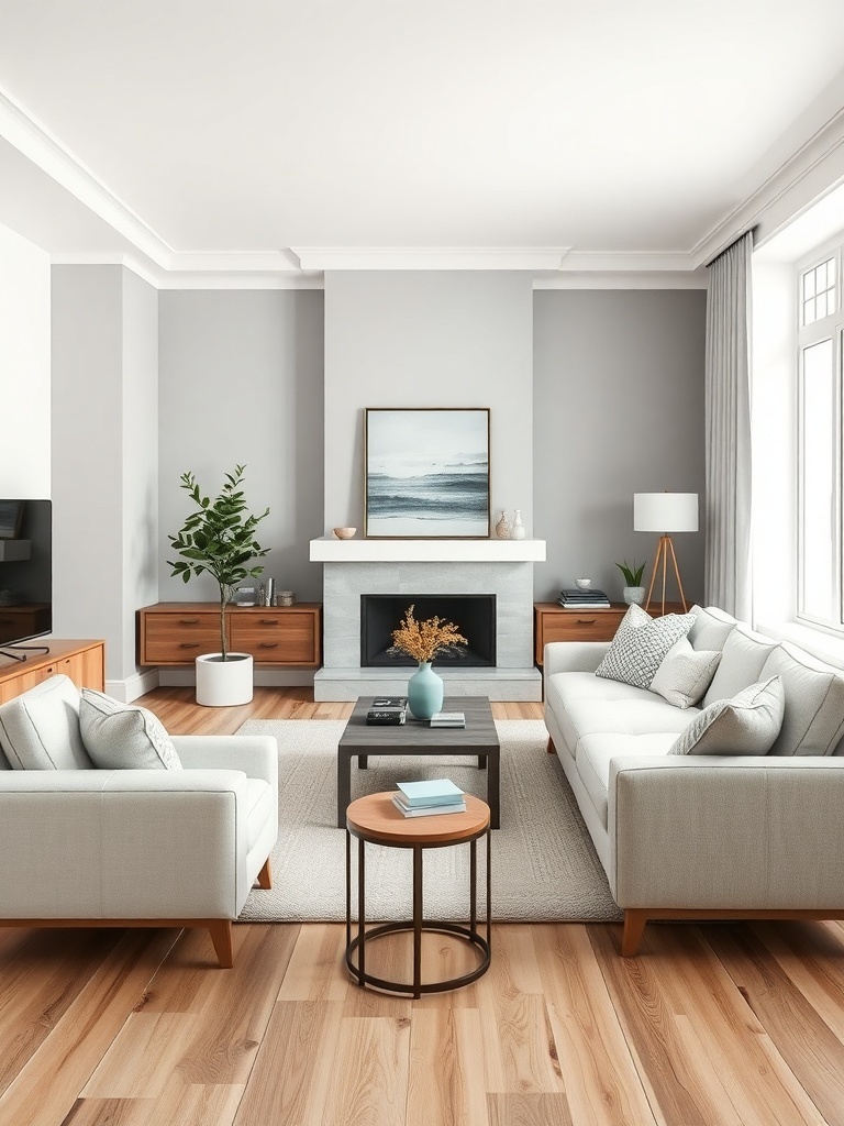 A minimalist Scandinavian living room with light colors and natural materials.