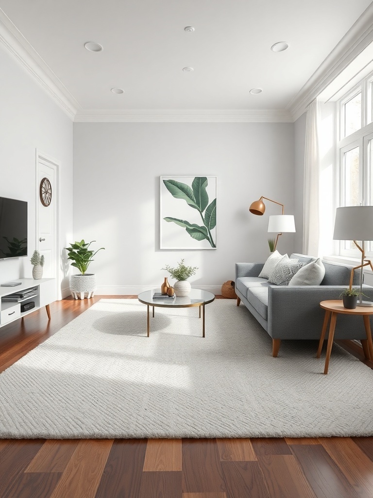 A minimalist living room featuring a soft neutral rug, a gray sofa, a round coffee table, and plants.