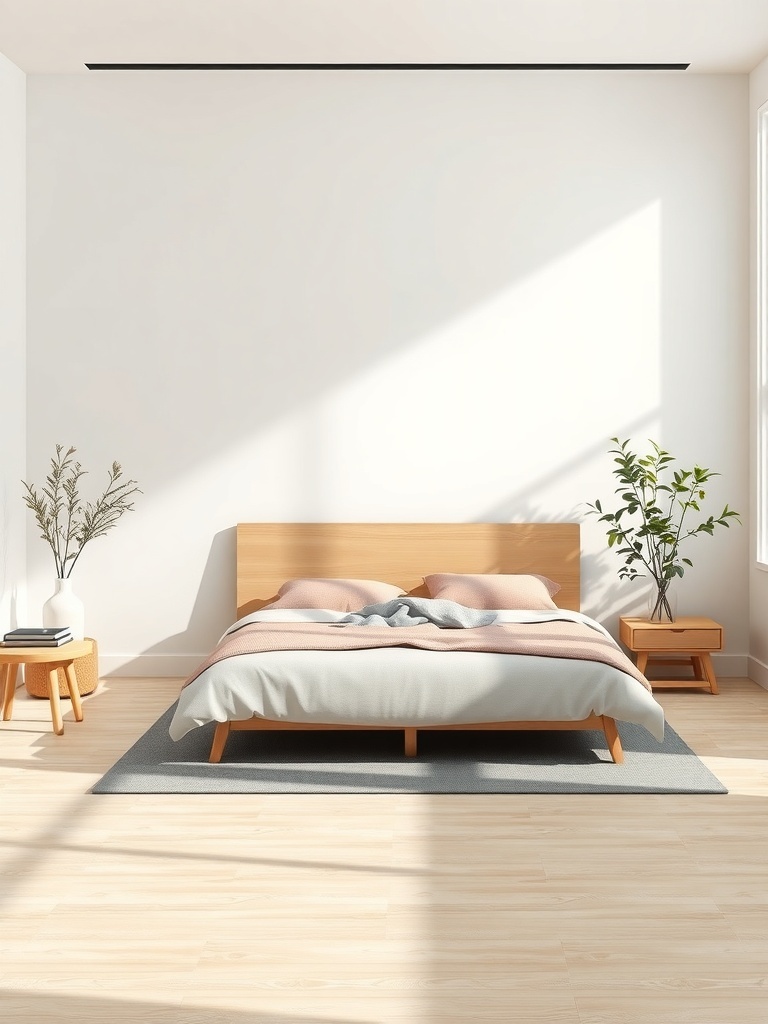 A minimalist Scandinavian bedroom featuring light wood furniture, soft bedding, and natural plants.