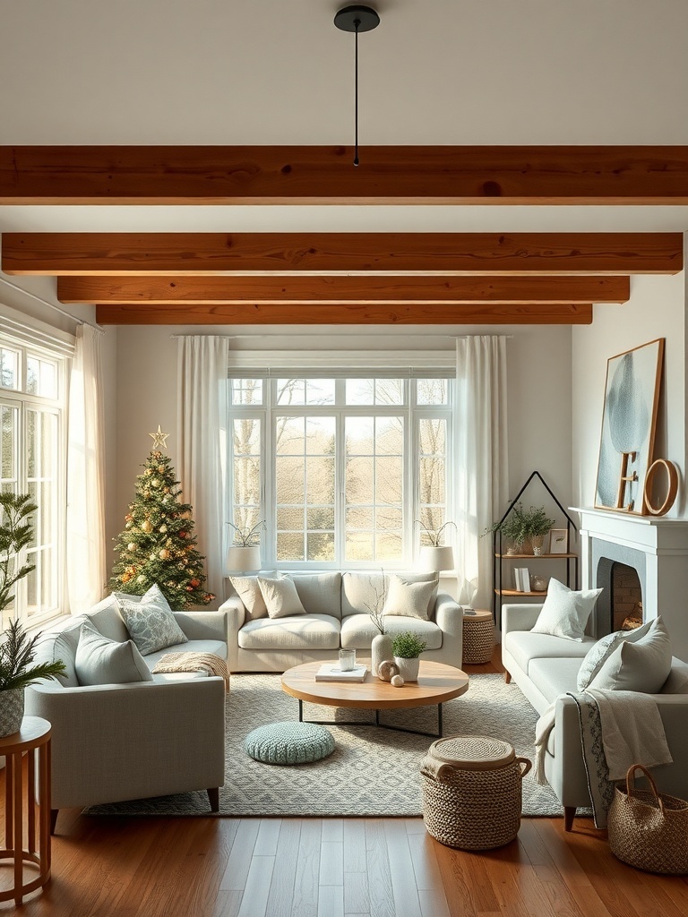 A cozy living room featuring Scandinavian design elements with natural light, soft furnishings, and a festive touch.