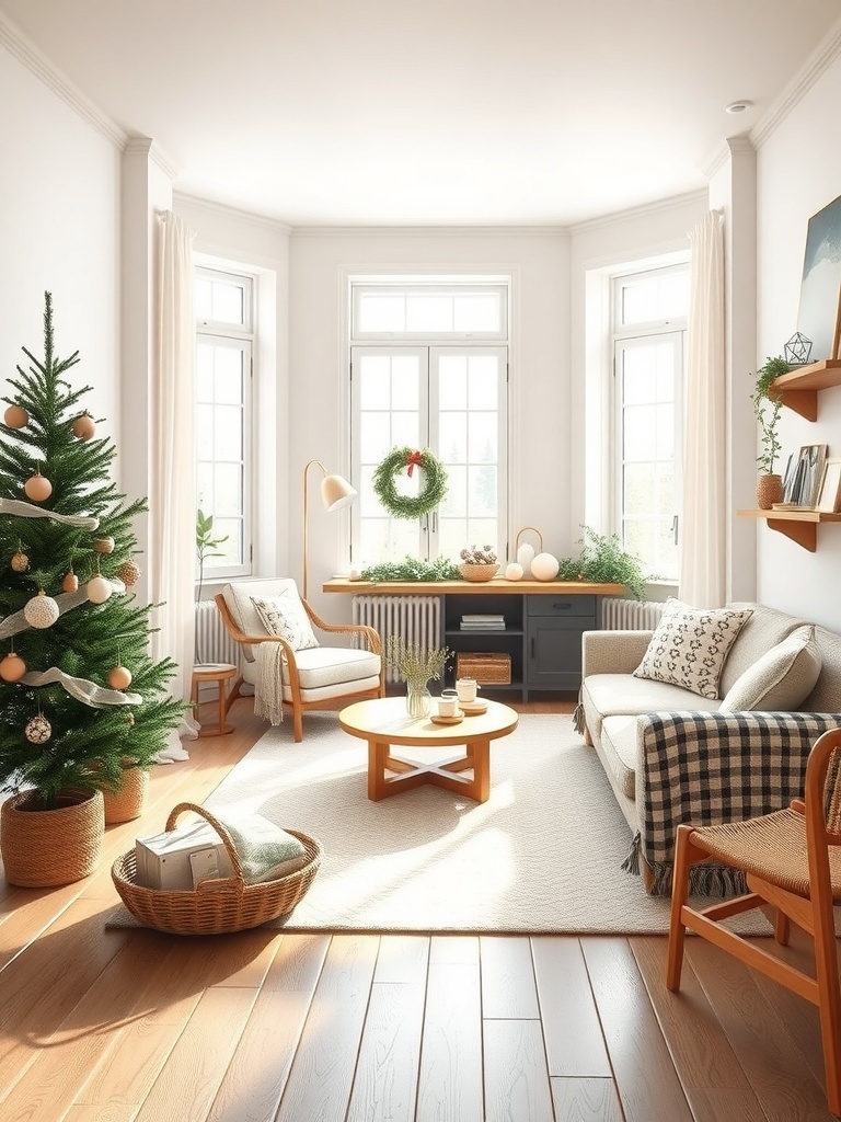 A cozy living room featuring Scandinavian design with a Christmas tree, light colors, and natural materials.