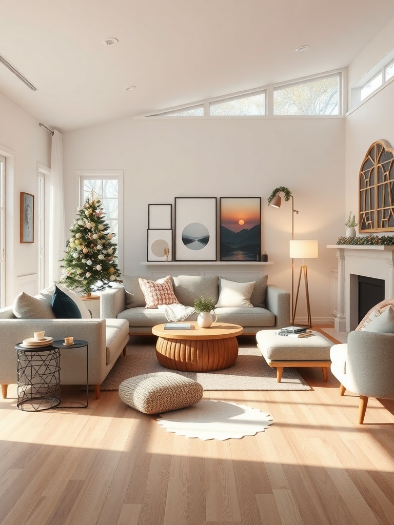A cozy living room featuring minimalist Scandinavian furniture with a Christmas tree.