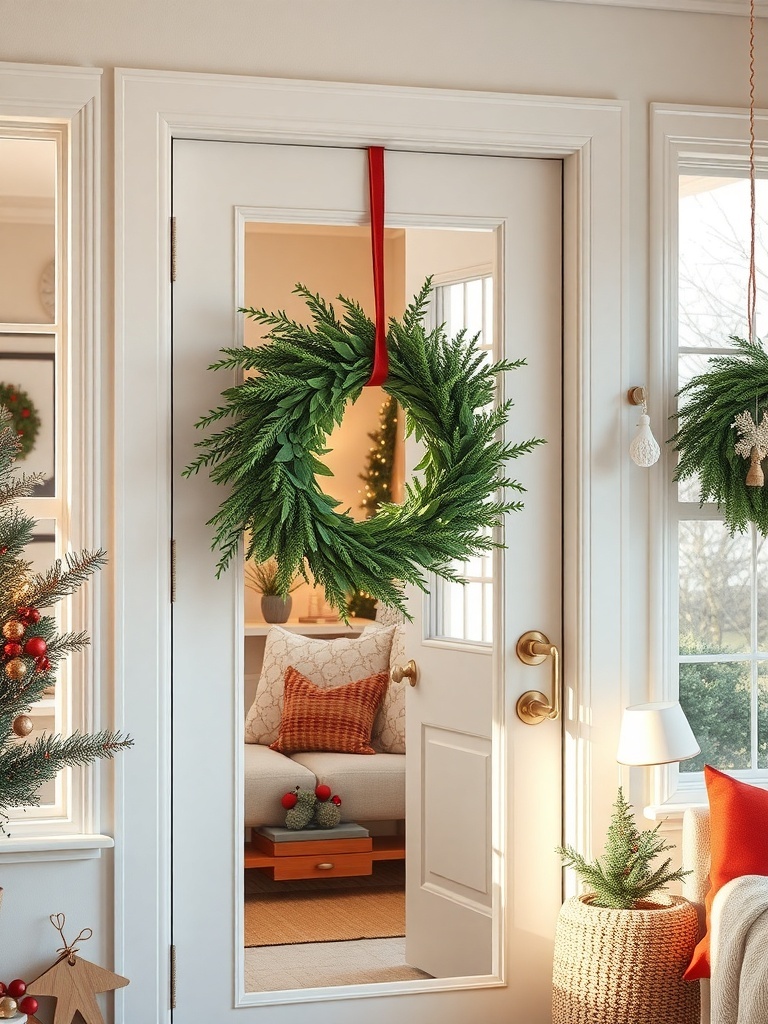 A minimalist greenery wreath hanging on a door, with a cozy living room visible in the background.
