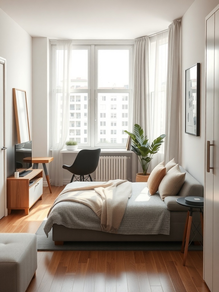 A cozy studio apartment featuring a bed, a chair, and a mirror reflecting the light from a window.