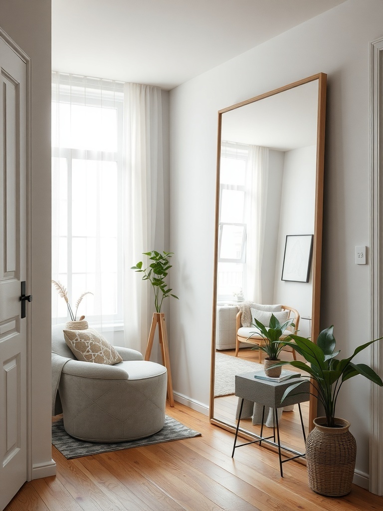 A small entryway featuring a large mirror, plants, and a cozy chair.