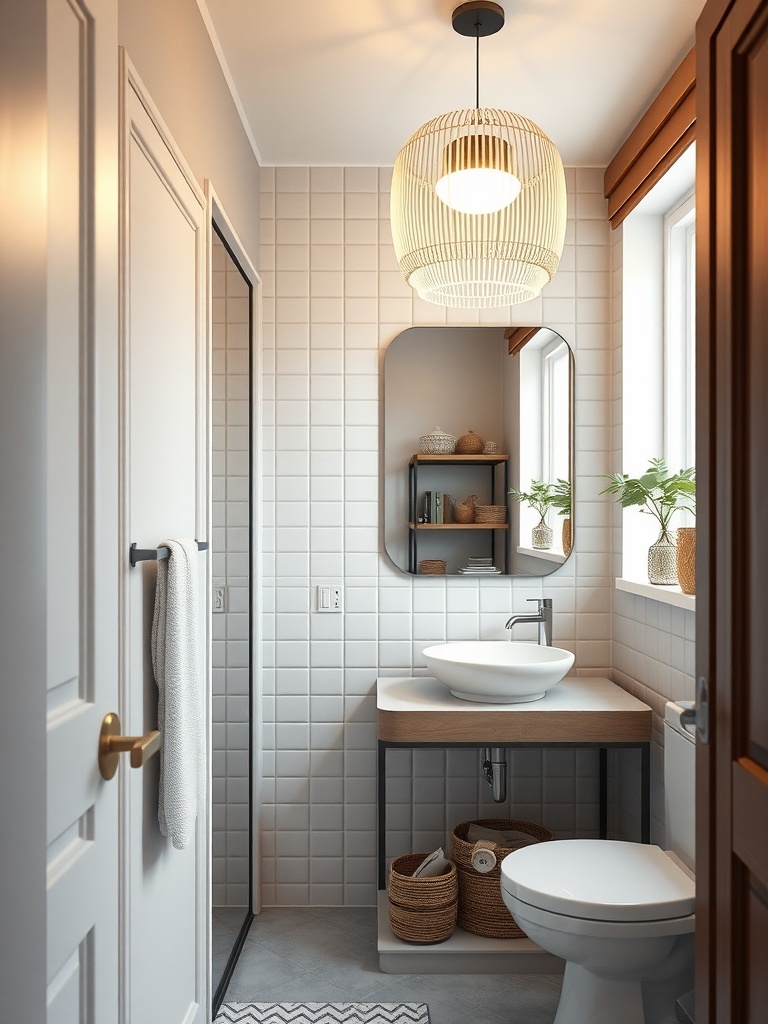 A stylish bathroom with a mirrored fixture and natural light.