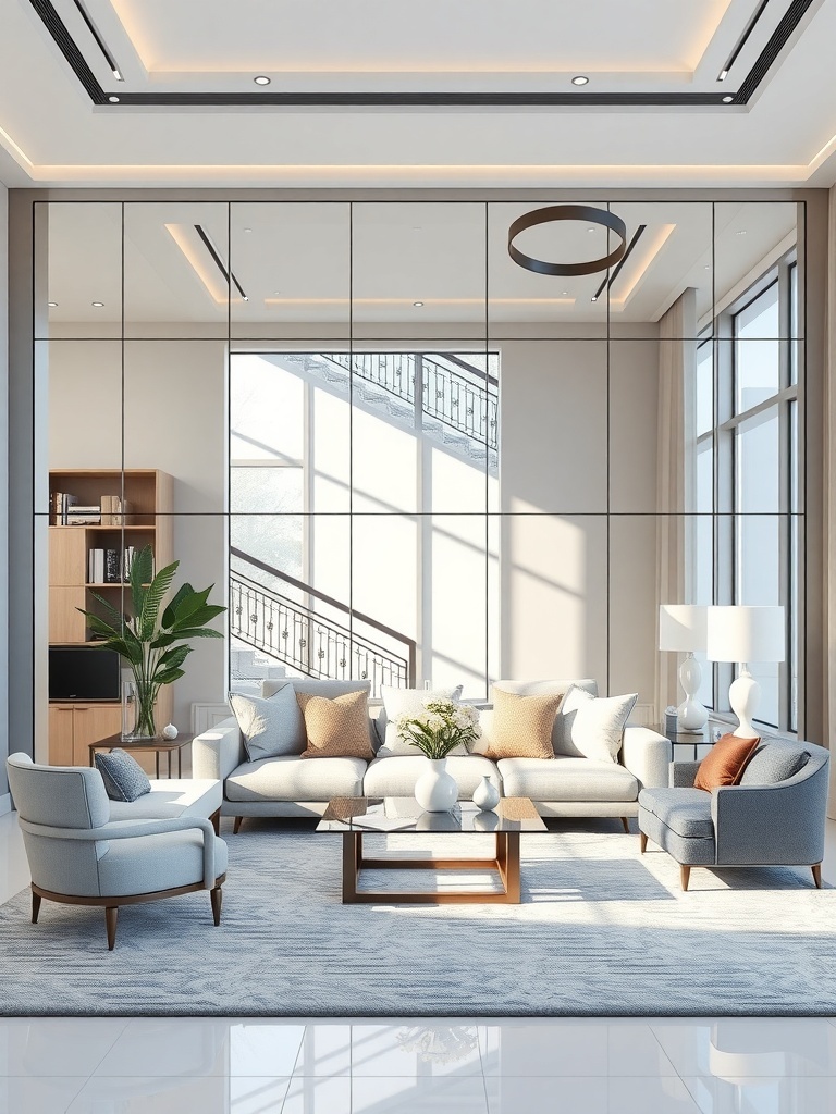 A modern living room featuring large mirrored wall panels, stylish furniture, and a bright atmosphere.