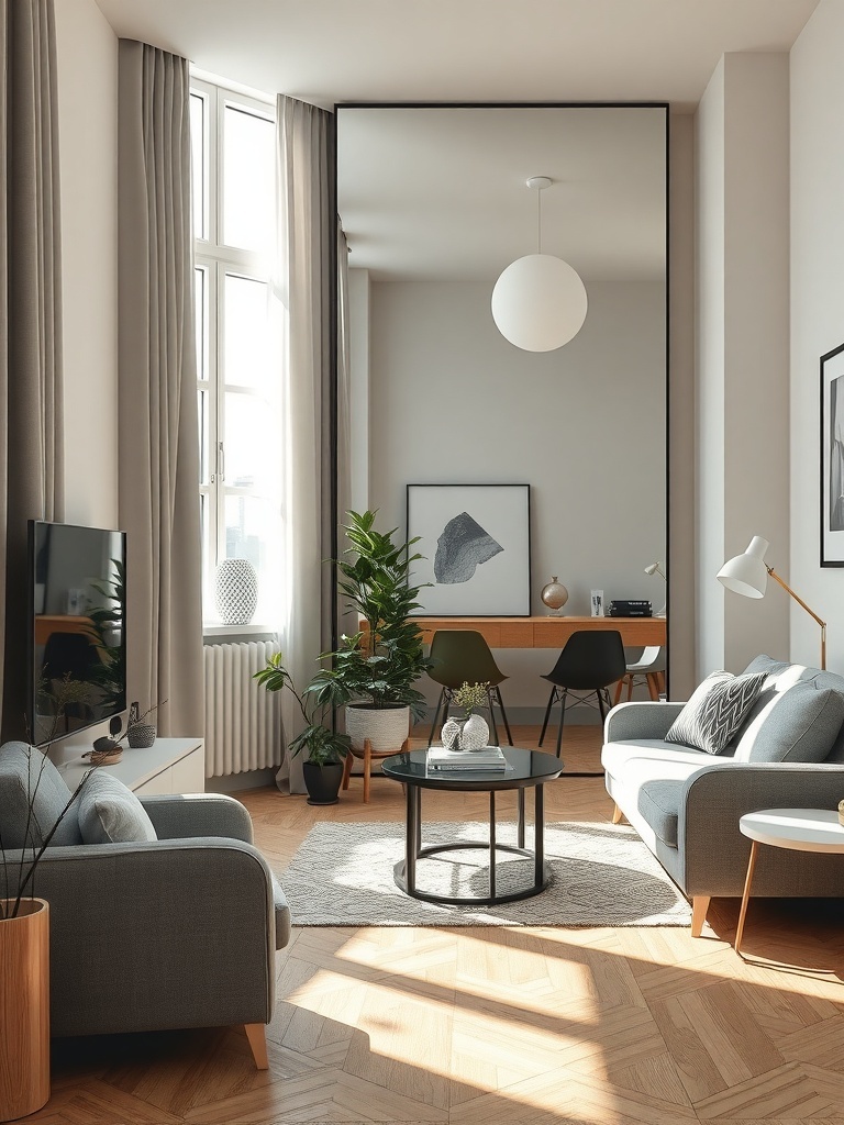 A spacious living room featuring a large mirror that enhances the perception of space.