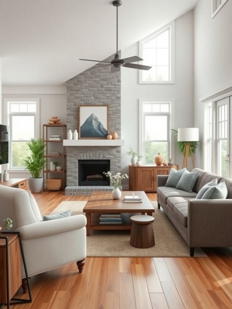 A bright farmhouse living room featuring modern and rustic elements, including a stone fireplace, wooden furniture, and large windows.