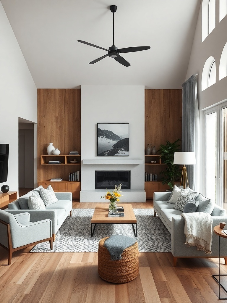 A modern Scandinavian living room featuring light colors, wooden accents, and a cozy atmosphere.