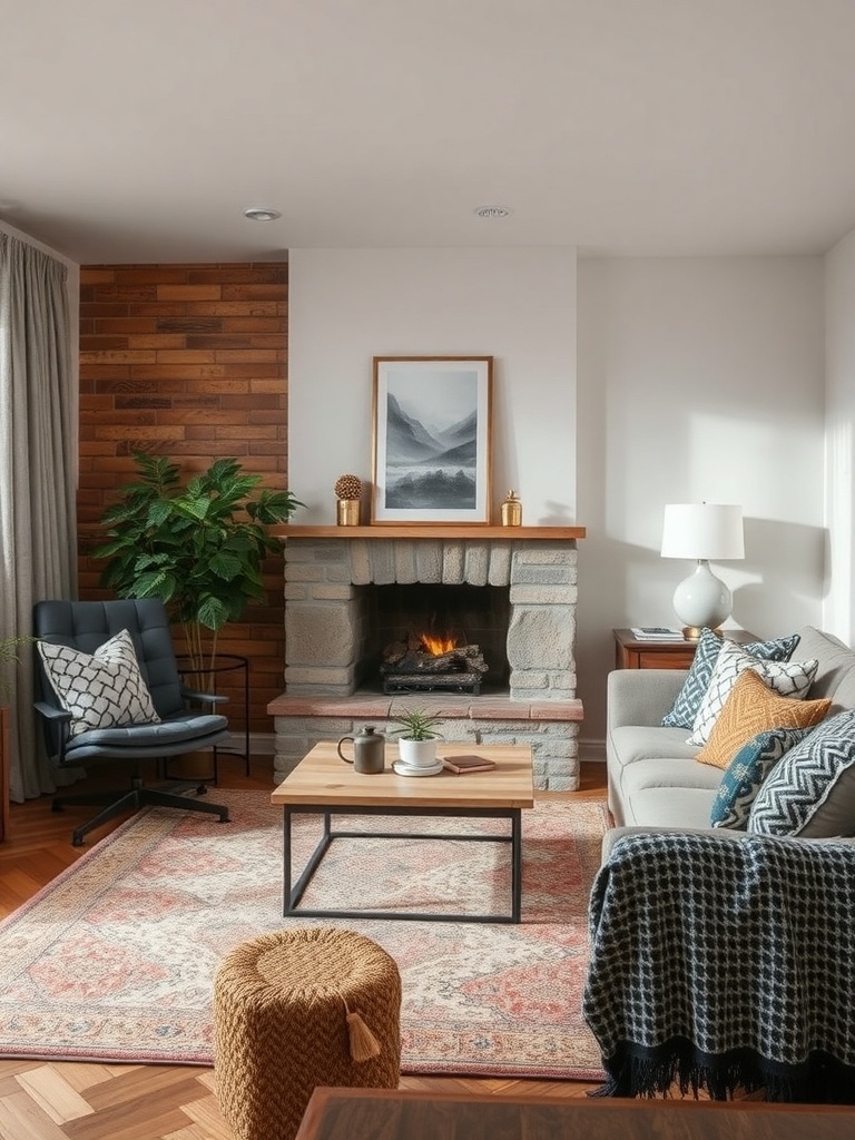 Cozy living room with mixed patterns and textures, featuring a sofa with cushions, a throw blanket, a patterned rug, and a stone fireplace.
