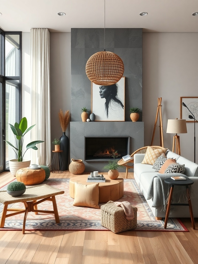 A stylish boho living room featuring a mix of patterns and textures with a geometric rug, floral cushions, and woven decor.