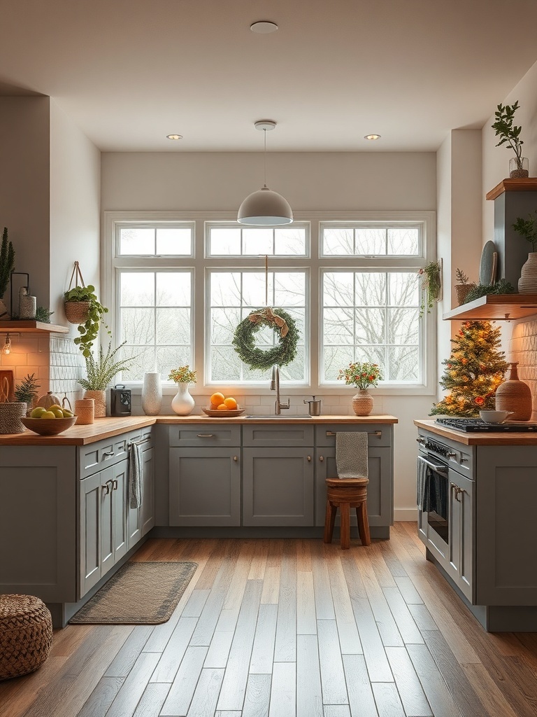 A modern farmhouse kitchen featuring gray cabinets, wooden countertops, and decorative plants.