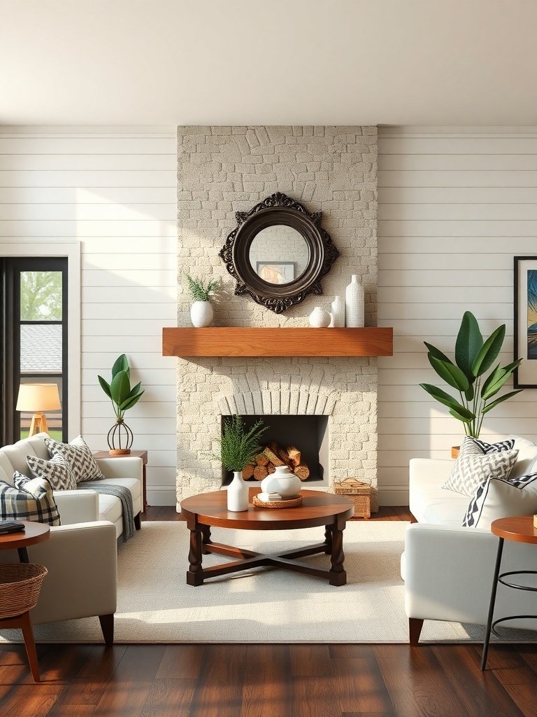 A modern farmhouse living room featuring a stone fireplace, wooden furniture, and cozy seating.