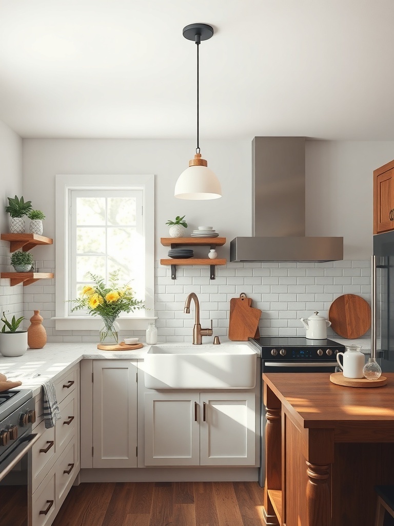 A modern farmhouse kitchen featuring white cabinetry, a farmhouse sink, wooden accents, and open shelving with plants.