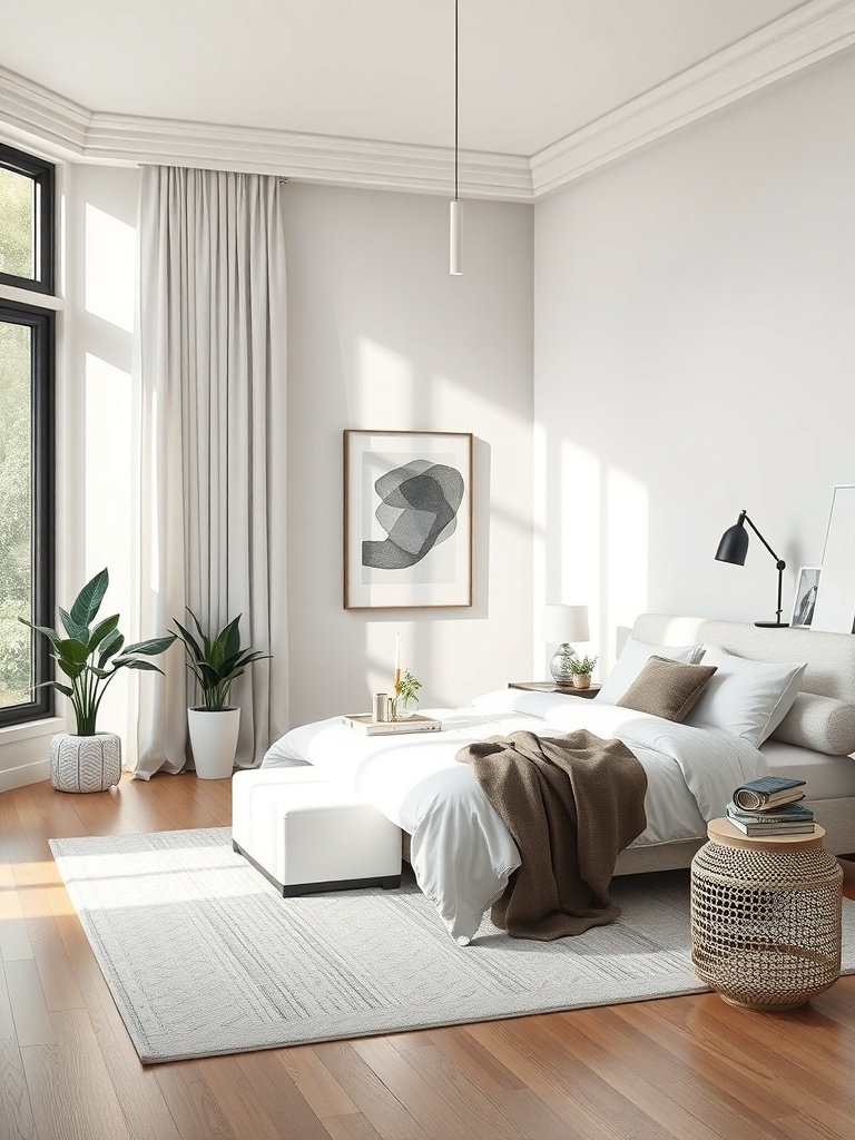 A minimalist bedroom featuring monochromatic accents with gray and white tones, a cozy throw, and plants.
