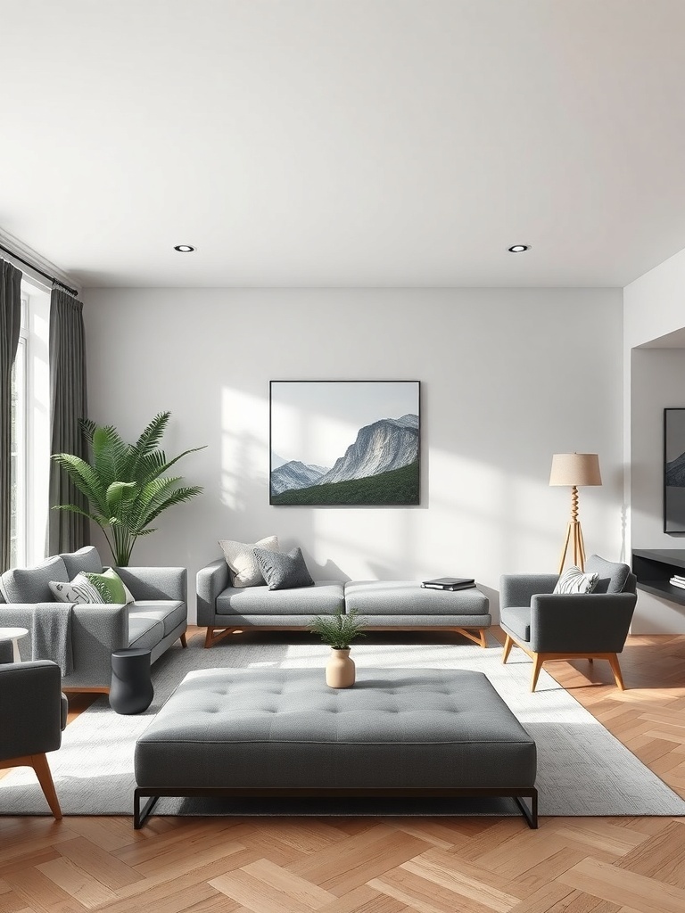 A minimalist living room featuring gray furniture, a wooden floor, and a potted plant.