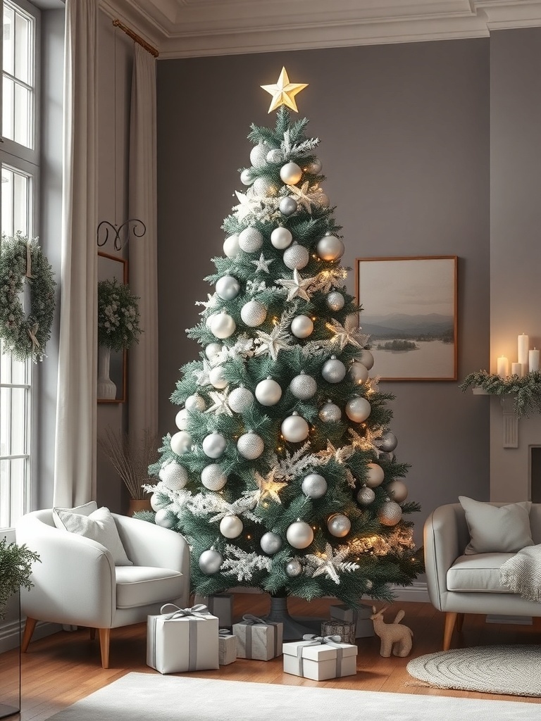 A stylish monochrome Christmas tree decorated with silver and white ornaments in a cozy living room.