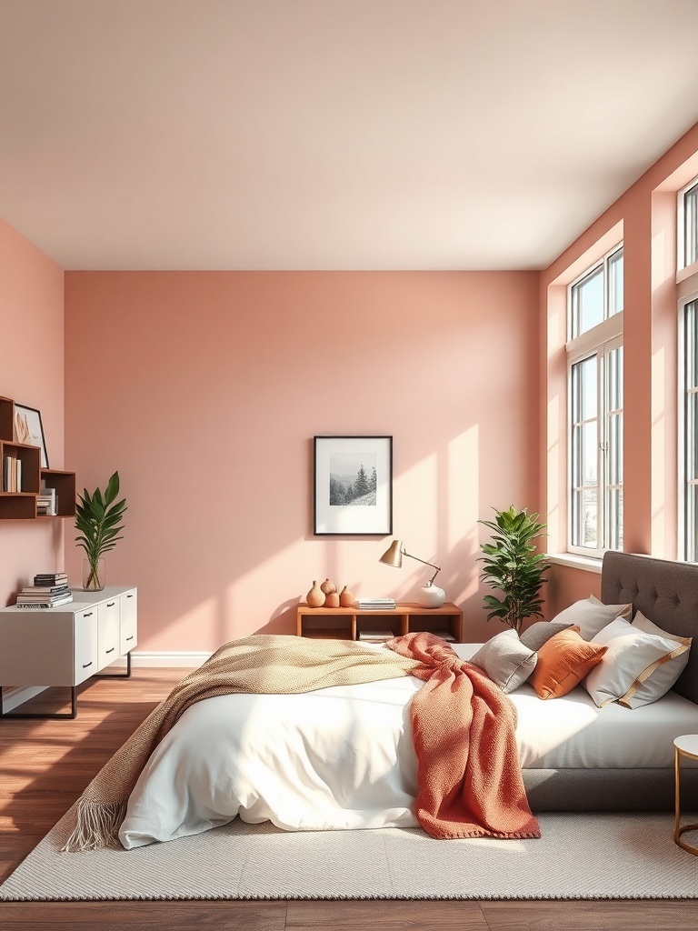 A cozy bedroom with peach walls, warm bedding, and natural light.