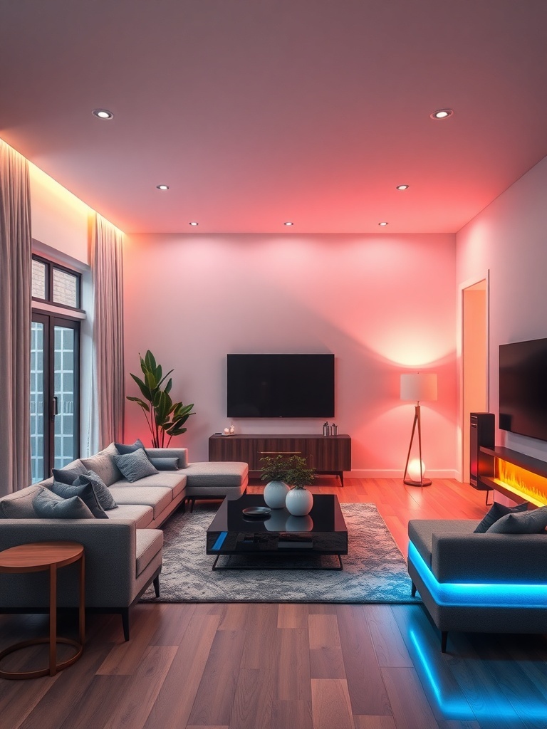 Living room with color-changing lights creating a cozy atmosphere.