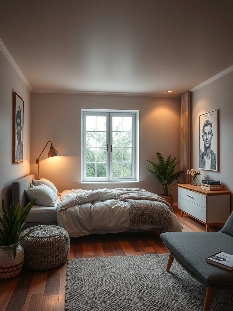 Cozy bedroom with mood lighting, featuring a bed, lamp, and plants.
