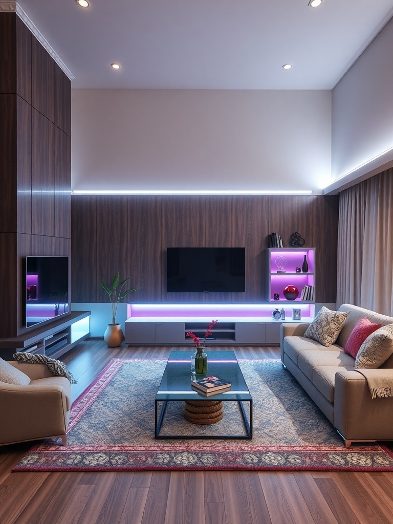 Living room with LED strip lighting creating a cozy atmosphere.