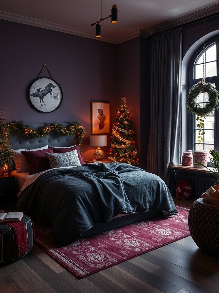 A cozy bedroom featuring moody plum walls, charcoal bedding, and festive decorations.