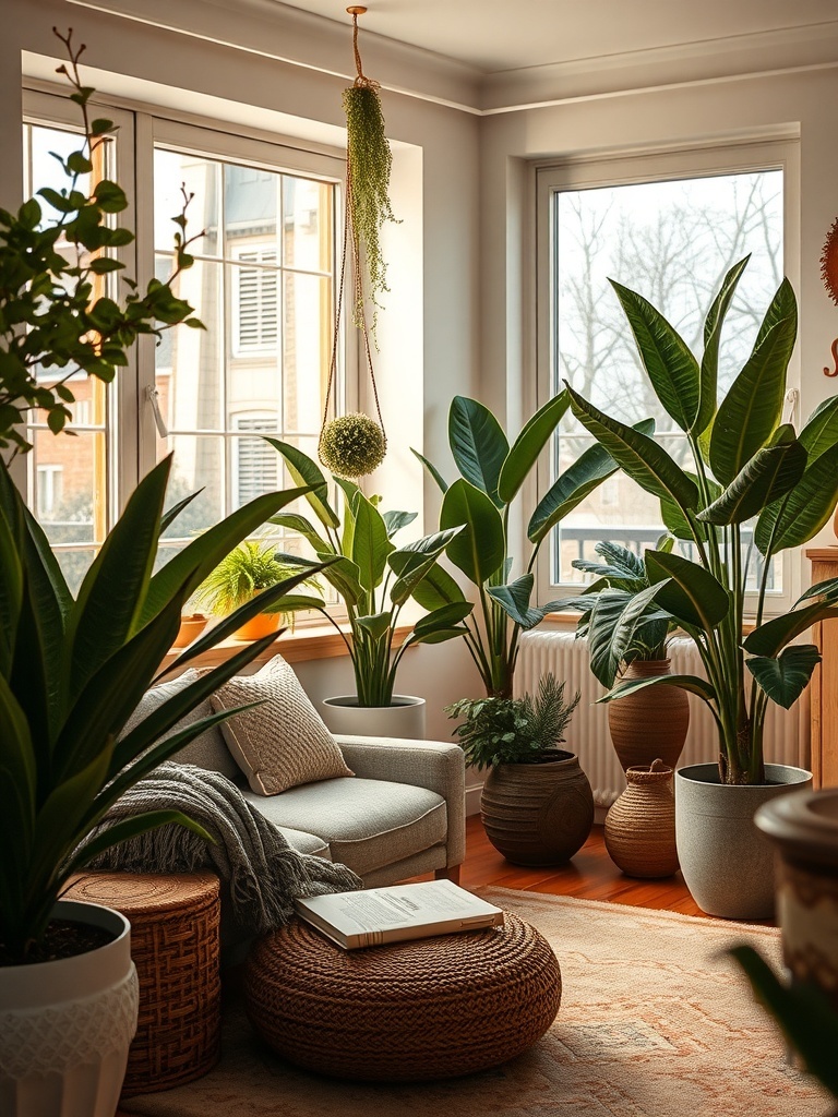 Cozy interior with moss green plants and natural decor.