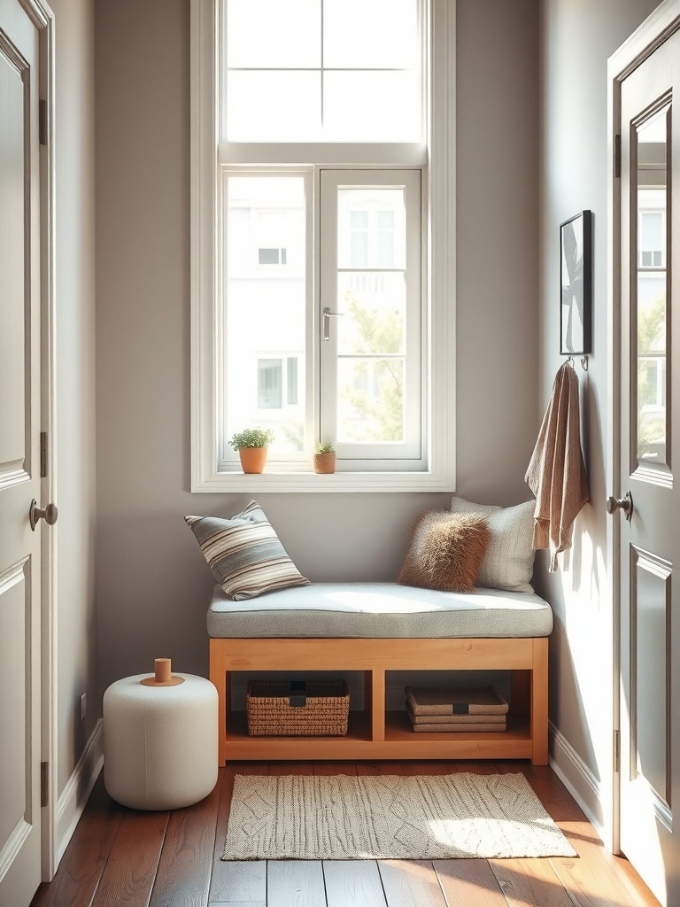 A cozy multi-functional bench with storage, featuring a soft cushion and decorative pillows, placed near a window in a small apartment.
