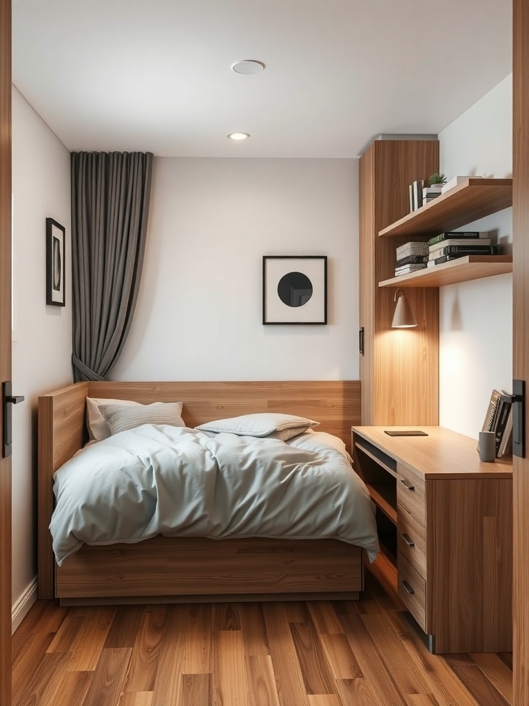 A small bedroom featuring a wooden bed, desk, and shelves, designed for multi-functional use.