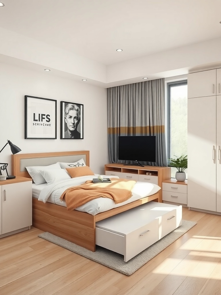 Modern bedroom featuring a bed with storage drawers, stylish decor, and a TV unit.