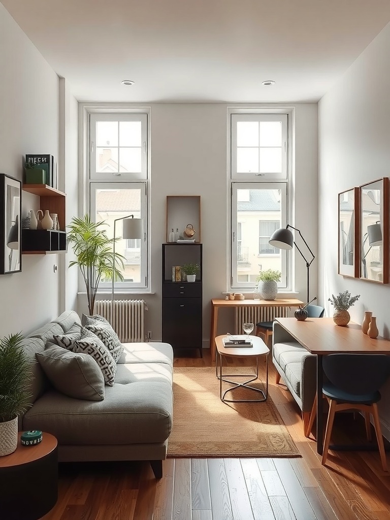A cozy studio apartment featuring a sofa, coffee table, and workspace, designed for multi-functional use.