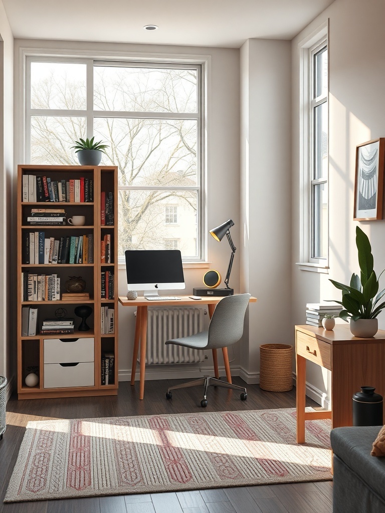 A compact home office featuring a desk, bookshelf, and cozy decor.