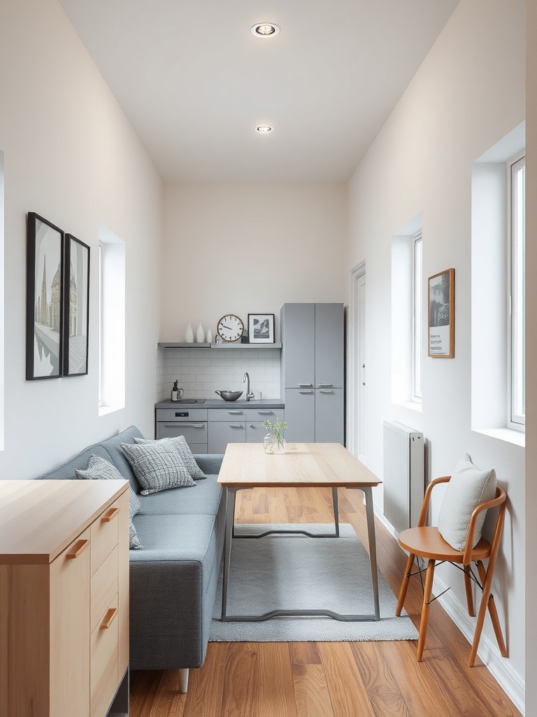 A narrow apartment featuring a multi-functional sofa and dining table.