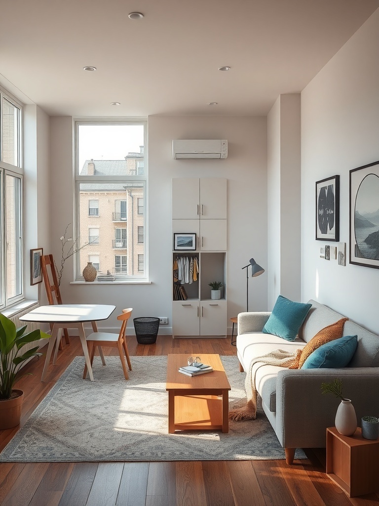 Cozy studio apartment with multi-functional furniture including a sofa, table, and storage.