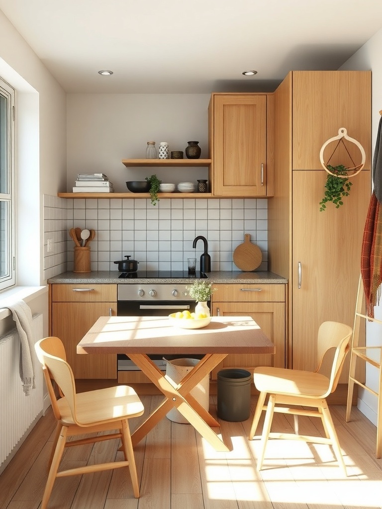 A small kitchen featuring a wooden folding table and chairs, with cabinets and open shelves.