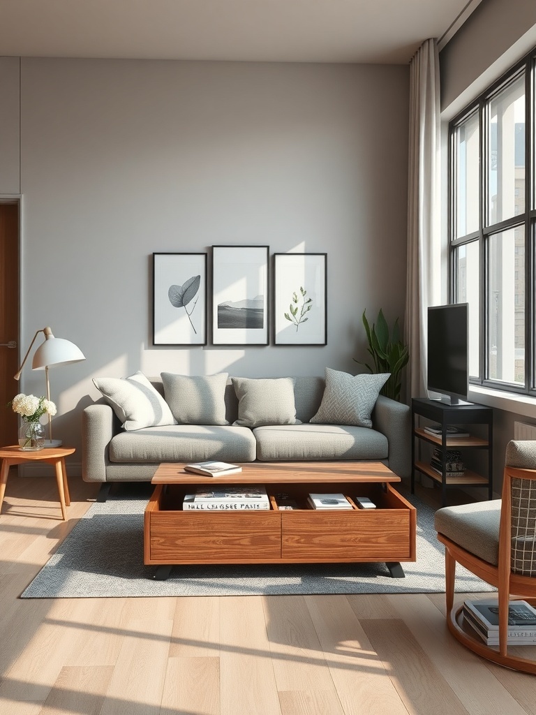 A cozy living room featuring a grey sofa, a wooden coffee table with storage, and decorative wall art.