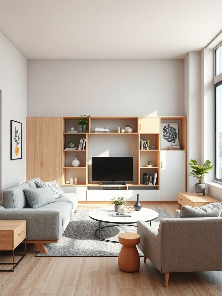 A modern living room featuring multi-functional furniture including a sofa, coffee table, and shelving.