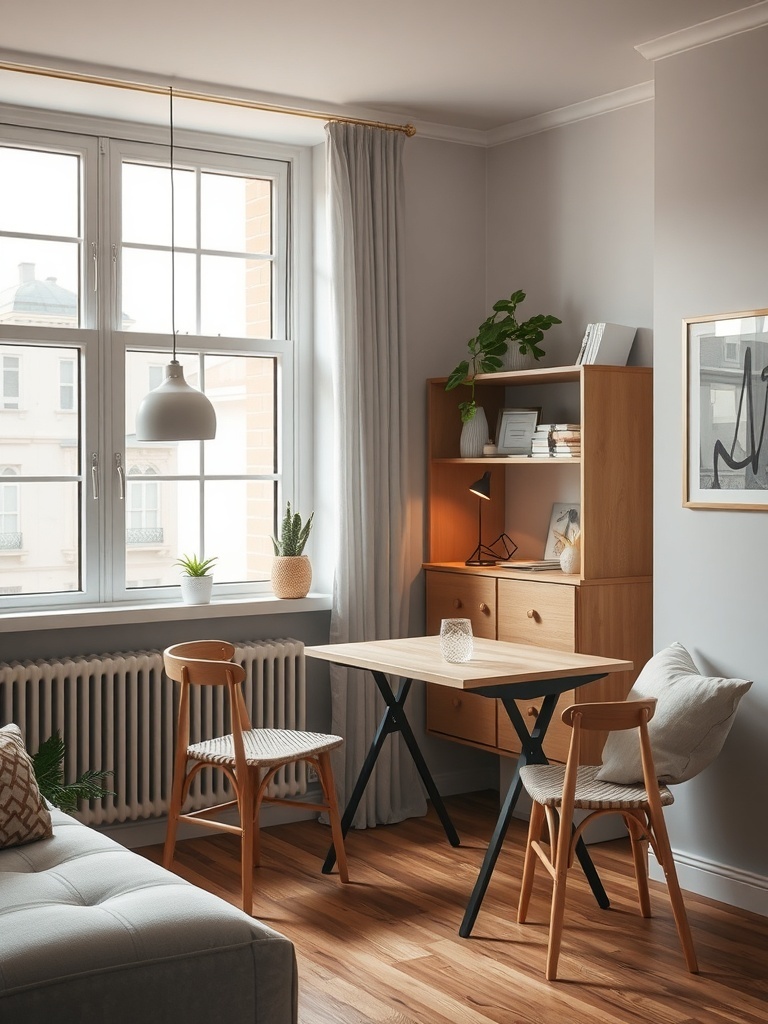 A cozy workspace setup featuring a small wooden table and chairs, with a bookshelf and plants in a bright room.