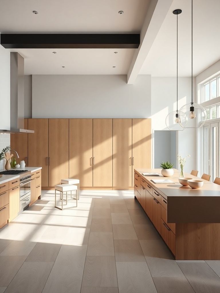 A modern kitchen featuring a multi-functional island with light wood cabinetry and a sleek countertop.