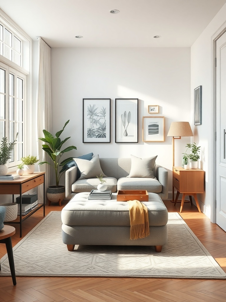 A cozy living room featuring a multi-functional ottoman, perfect for small spaces.
