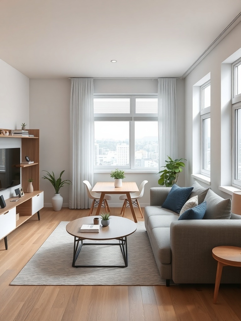 A modern living room featuring multifunctional furniture, including a sofa, coffee table, and dining area.