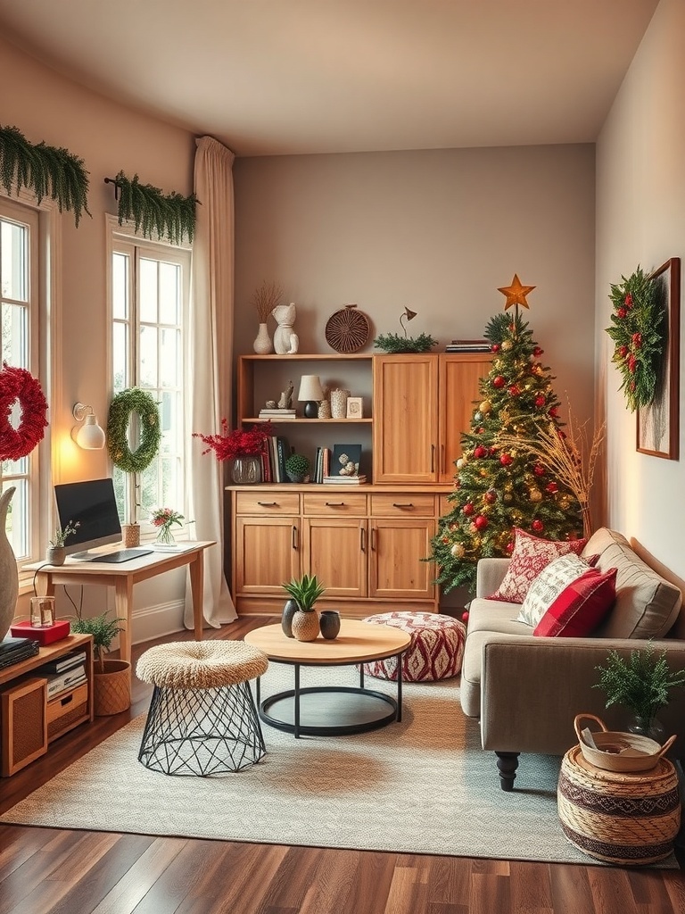 A cozy living room decorated for the holidays, featuring a Christmas tree, plants, and multifunctional furniture.