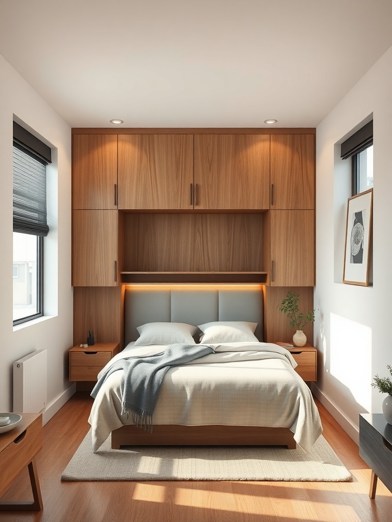 A modern bedroom featuring a Murphy bed with integrated nightstands, showcasing a clean and functional design.